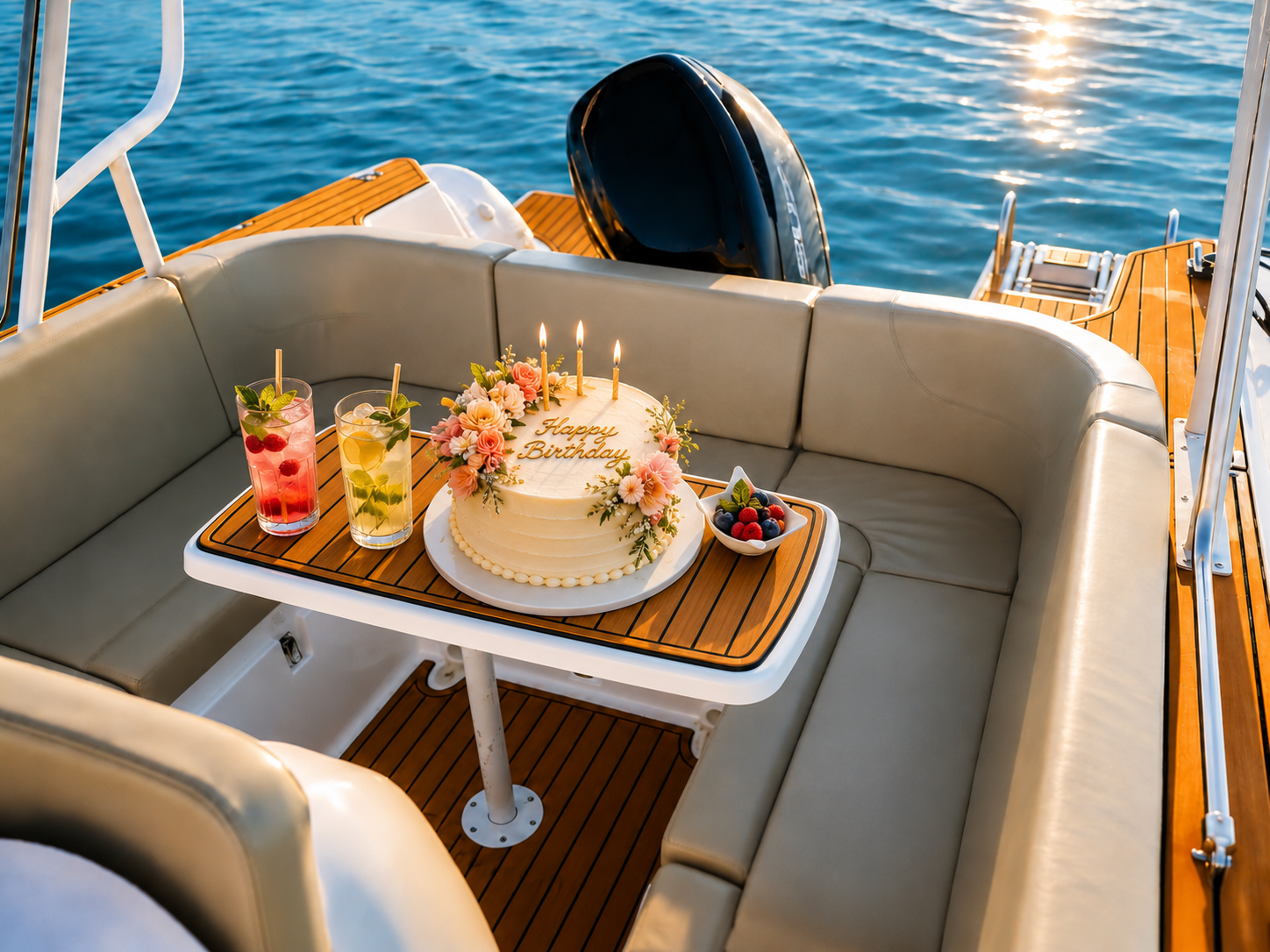 Birthday cake and mocktails on the Maro speedboat at golden hour