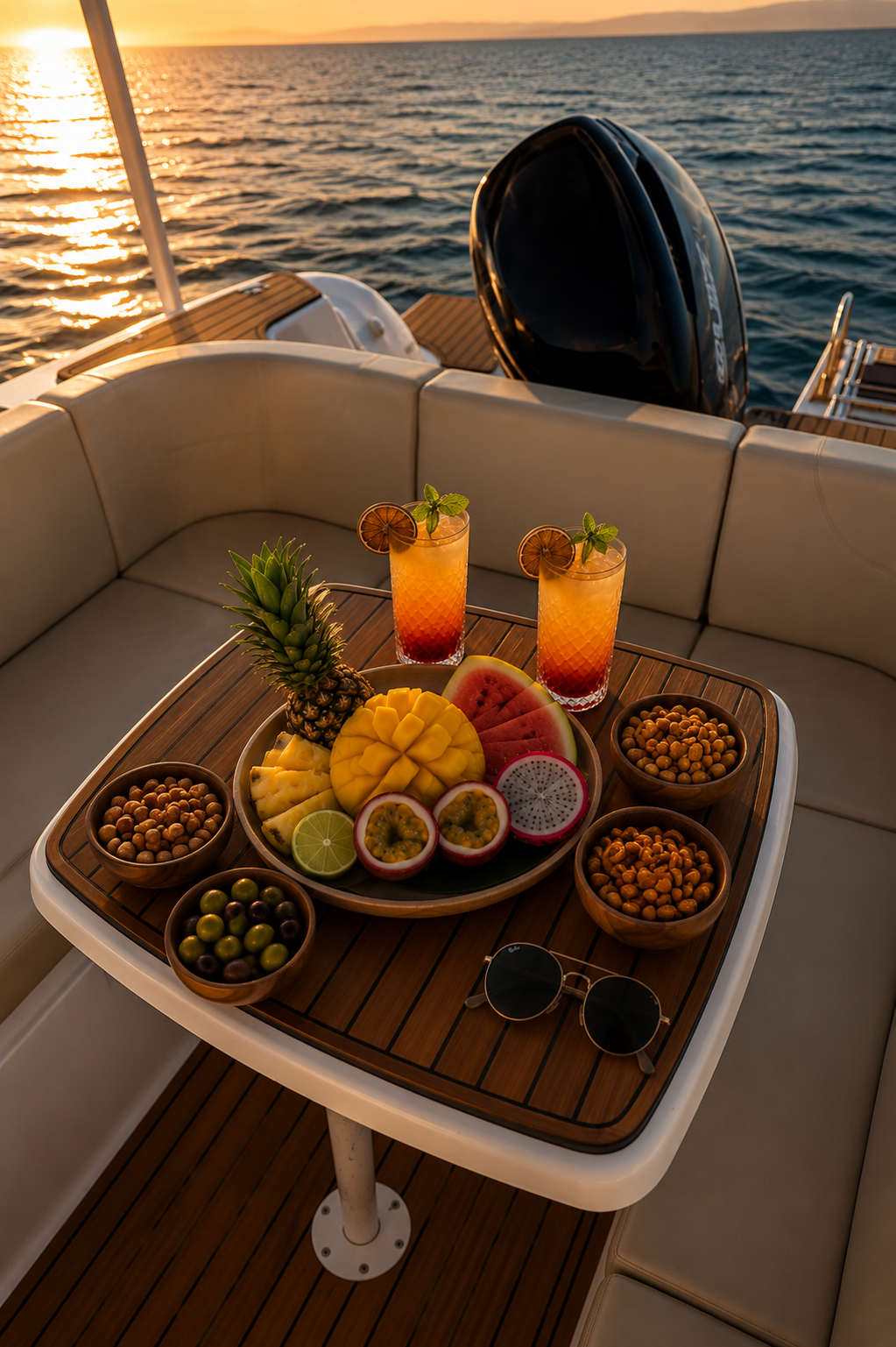 Freshly prepared mocktails and sunset snacks in warm evening light on board