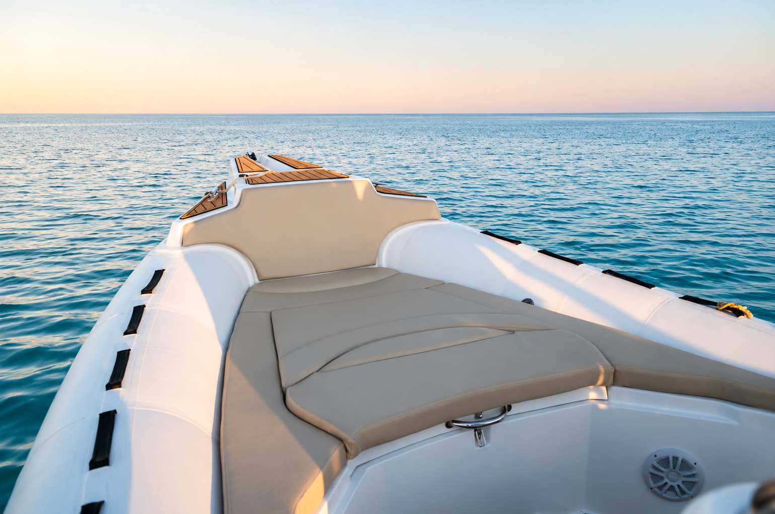 Front sunbed of the Promarine X900 with a calm Red Sea horizon