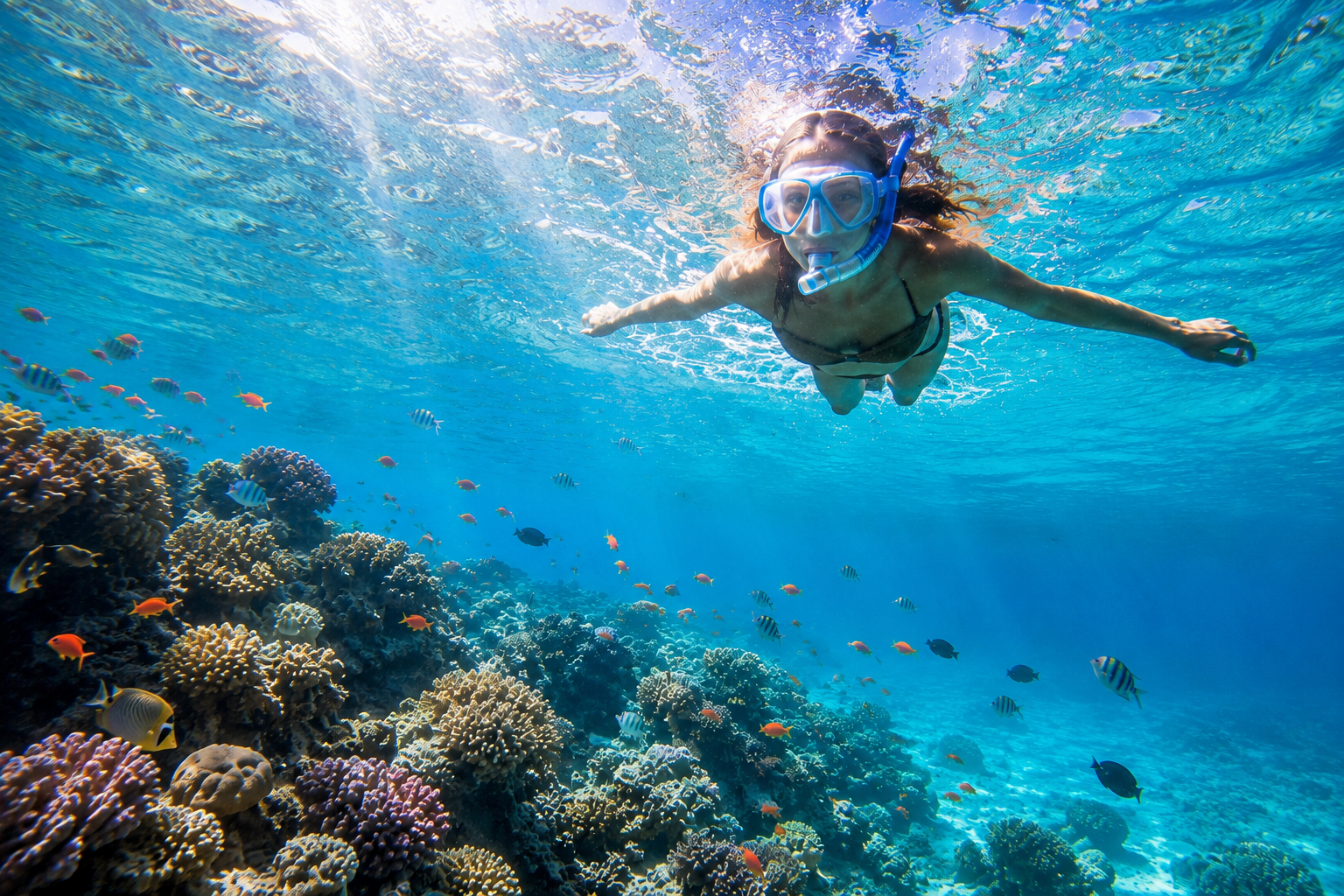 Snorkeller gliding above a vibrant Red Sea coral reef with tropical fish