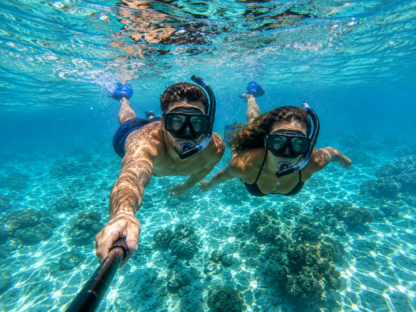 Snorkeller gliding above a vibrant Red Sea coral reef with tropical fish